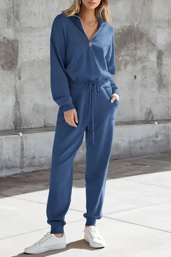 Miniatura 75 de PRETTYGARDEN Conjunto de suéter de 2 piezas para mujer, sudadera con cremallera, pantalones deportivos, ropa casual