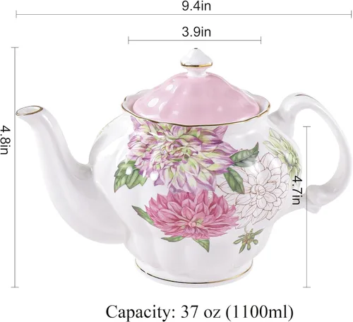 Miniatura 8 de Tetera de porcelana de hueso, teaset inglés, diseño floral de dalia con borde dorado, 37 onzas