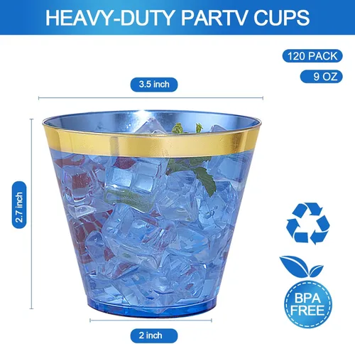 Miniatura 2 de Nervure 240 vasos de plástico azules – Vasos de plástico con borde dorado de 9 onzas – Taza azul desechable resistente con borde dorado perfecto