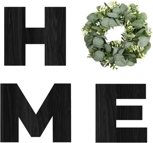 Miniatura 12 de Cartel colgante de madera con letras en inglés «HOME» (Hogar) con corona de eucalipto artificial para la letra «O», decoración de pared estilo Negro