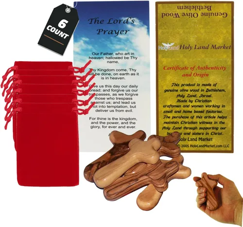 Holy Land Market Cruz de comodidad/sujeción también conocida como cruz de palma o mano con bolsa de terciopelo y dos certificados (4 pulgadas) (6)