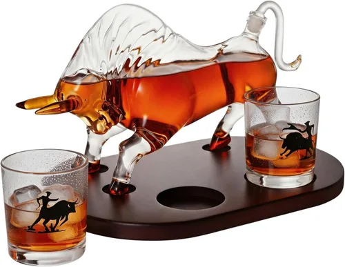Regalos para hombres, papá, juego de decantador de whisky de caballo, juego de decantador de toro de vaquero y El Matador, vasos de 33.8 onzas +