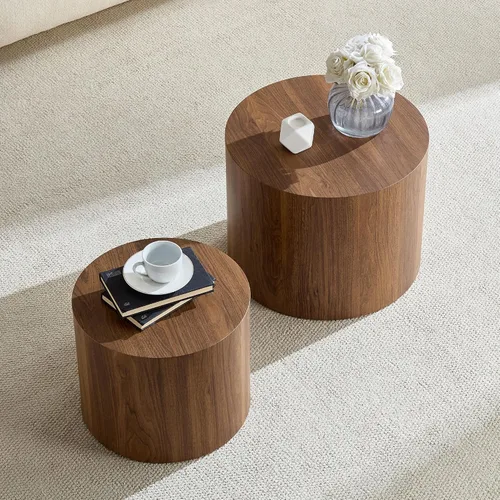 Miniatura 5 de Juego de 2 mesas auxiliares redondas, mesa auxiliar anidable y mesa auxiliar de madera con tambor circular pequeño para sala de estar, oficina, sin