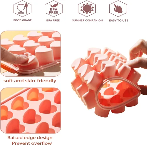 Miniatura 3 de Paquete de 2 bandejas de cubitos de hielo en forma de corazón con tapa y contenedor - 48 agujeros, bandeja de cubitos de hielo mini de corazón