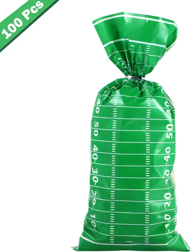 Miniatura 3 de Blulu 100 bolsas de golosinas de fútbol de celofán sellables con calor y lazos plateados para decoración de fiesta de cumpleaños temática de fútbol