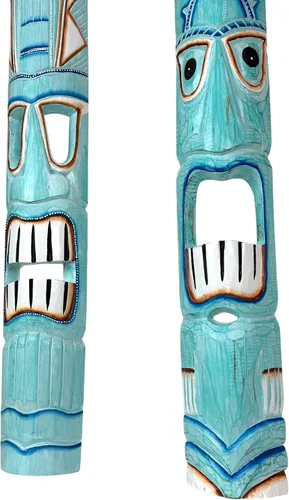 Miniatura 3 de Zeckos Juego de 2 máscaras de pared Tiki de madera tallada a mano, 39 pulgadas de alto, acabado envejecido pintado, esculturas de pared para sala