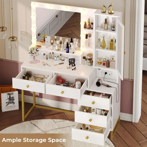 Miniatura 5 de Tiptiper - Tocador de maquillaje con luces y estación de carga, escritorio de tocador grande con espejo y luces, mesa de maquillaje con 5 cajones