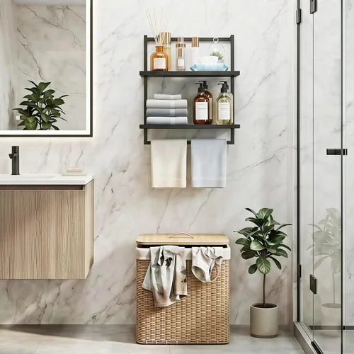Miniatura 2 de Toallero montado en la pared para baño, soporte de almacenamiento de baño, estante de toalla de madera de acero de 3 niveles con barra, negro