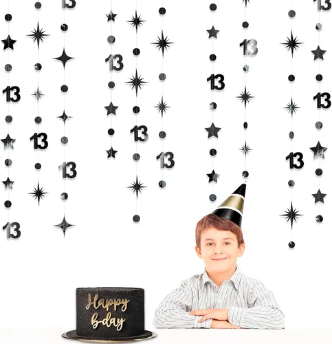 Miniatura 3 de Decoraciones Negras de Cumpleaños Número 13 Círculo Punto Estrella Centelleante Guirnalda Serpentina Colgante Metálica Banderín Banner Telón de Negro