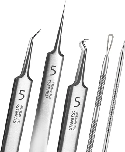 Kit de herramientas para eliminar puntos negros, 5 piezas, herramienta para eliminar espinillas, aguja de acné, pinzas de espinillas de comedón, 5