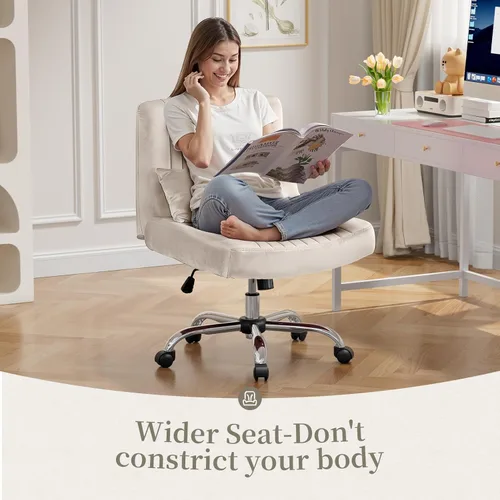 Miniatura 3 de Silla de oficina de terciopelo, silla cruzada de lujo con ruedas, cómoda silla de escritorio con patas cruzadas para oficina en casa, silla de Beige