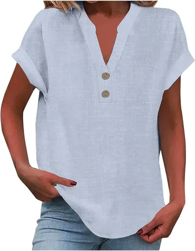 Miniatura 8 de Camisas de lino para mujer 2025 verano casual cuello en V botón abajo manga corta tops moda cómodo negocio trabajo blusas, beige (A-Beige)