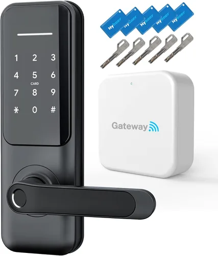 Nyboer Cerradura de puerta inteligente WiFi, entrada sin llave con huella digital, teclado, acero inoxidable, acero de aleación