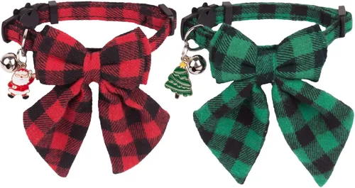 PTDECOR Paquete de 2 Collares de Navidad para Gatos, Collar a Cuadros con Cascabel de Moño Extraíble, Collares de Navidad con Moño a Cuadros de Arco