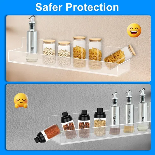 Miniatura 2 de Estante de especias acrílico transparente montado en la pared, estante flotante de 15 pulgadas con protectores de extremo extraíbles para armario
