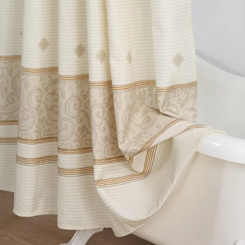 Miniatura 6 de Cortina de Ducha Larga de Tela, Cortinas de Ducha con Estampado de Rayas Beige y Damasco Taupe para Baño, Cortinas de Baño Impermeables, 72" An x