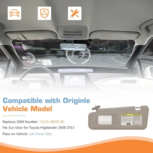 Miniatura 2 de Visera solar izquierda del lado del conductor con luz para Toyota Highlander 2008 2009 2010 2011 2012 2013, repuesto para 74320-48500-B0, beige