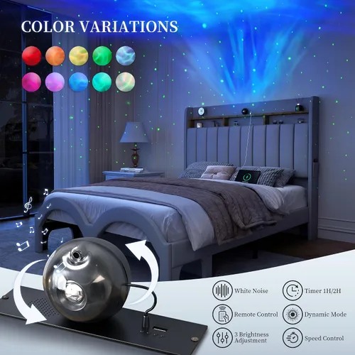 Miniatura 6 de SIBEDS Base de cama Queen con cabecera de almacenamiento de 2 niveles, cama de plataforma Aurora de piel sintética con proyector Galaxy Star, base