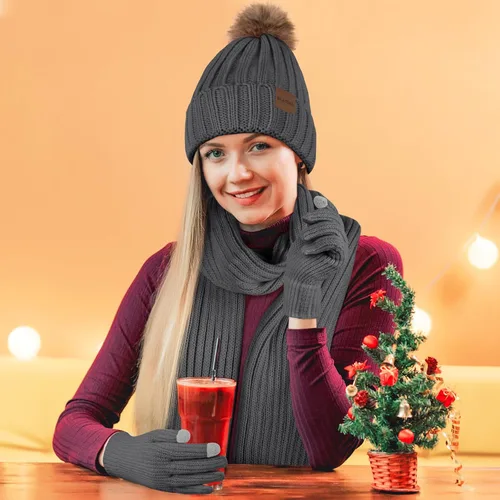 Miniatura 5 de Gorros de invierno para mujer, conjunto de gorro, bufanda, guantes cálidos para pantalla táctil, bufandas largas de punto, gorro con pompones