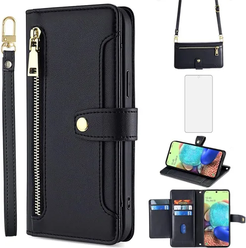 Asuwish Funda de teléfono para Samsung Galaxy A71 5G Funda tipo cartera y protector de pantalla con cremallera de cuero con tapa para tarjeta de