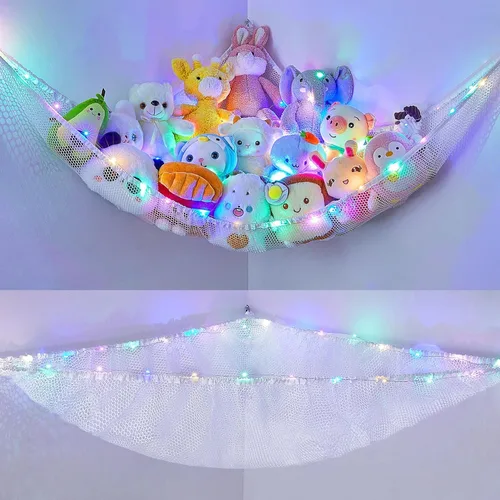 Unicorn Castle Red de animales de peluche o hamaca organizador de almacenamiento de juguetes para niños con luz LED colgante en esquina soporte para