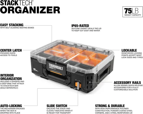 Miniatura 2 de ToughBuilt Organizador de almacenamiento StackTech, caja de herramientas modular transparente con sistema de bloqueo automático, protección IP65