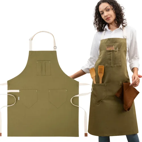 Miniatura 13 de Cotton Canvas Apron for Women & Men – Adjustable Neck Strap & Waist Ties with Pockets