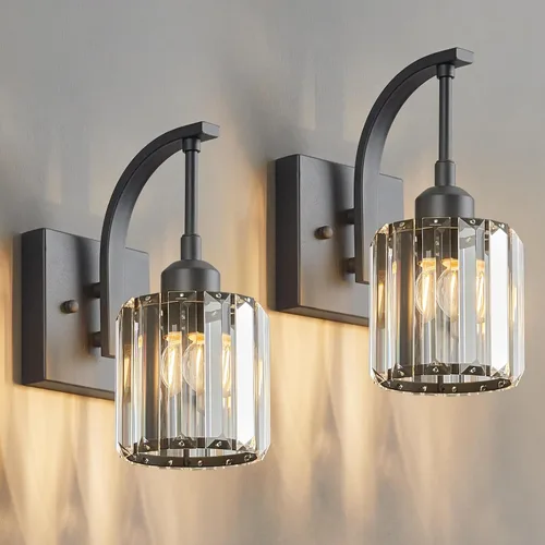 Miniatura 24 de Luces de tocador de cristal de 3 luces negras para tocador de baño, modernas lámparas de baño de cristal sobre espejo de 23.62 pulgadas de largo