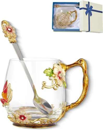 Miniatura 10 de Taza de té con flores, taza de café de vidrio transparente elegante con cuchara, caja de regalo para ella, mamá, esposa, abuela, niñas, amigas, idea