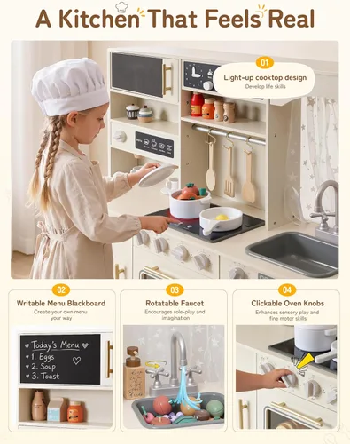 Miniatura 4 de besrey Juego de cocina para niños, juego de cocina de madera para niños con luces y sonidos reales, cocina de juguete para niños pequeños