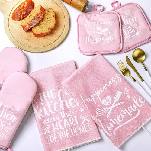 Miniatura 2 de Sratte Juego de 6 Piezas de Accesorios de Decoración de Cocina Estilo Granja Toallas Agarraderas Juego de Manoplas de Horno 2 Paños de Cocina 2 Rosa
