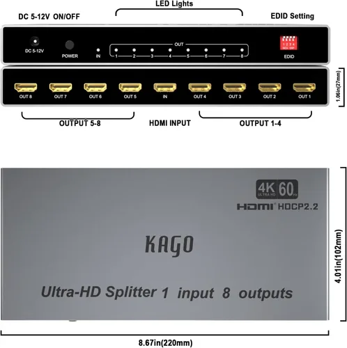 Miniatura 3 de KAGO Divisor HDMI 4K @60Hz 1 en 8 salidas con gestión EDID, distribuidor de concentrador HDMI 2.0 1x8 compatible con HDCP 2.2, 18Gbps, HDR10, 1080P