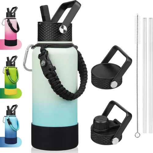 Miniatura 54 de BJPKPK - Botella de agua con tapa de popote, botellas de agua aisladas de 18 onzas con 3 tapas, asa de cuerda de paracaídas y base antideslizante