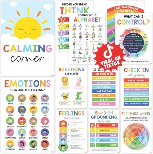 BEAWART 12 pósteres relajantes para el aula de esquina (10 x 14) – Tabla de ruedas de sentimientos y póster de emociones para niños, suministros de