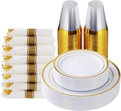 Goodluck Juego de vajilla de plástico dorado de 175 piezas para 25 invitados, platos desechables elegantes para fiestas, incluye: 25 platos llanos,