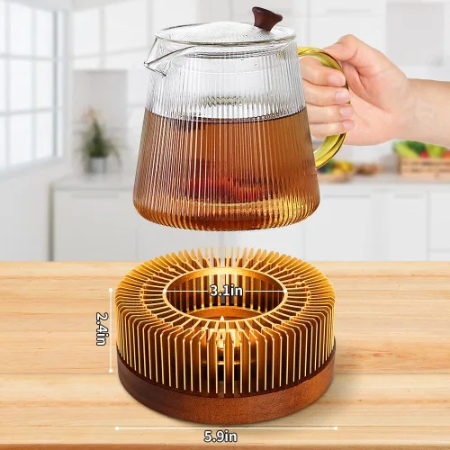 Miniatura 7 de Calderín de tetera, calentador de té de aluminio con base de madera, calentador de vela para calentar té, café, leche, alimentos, camping y viajes