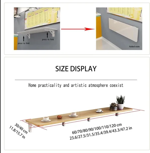 Miniatura 7 de Mesa de comedor plegable montada en la pared, mesa plegable de madera, mesa larga y estrecha, adecuada para tienda de té con leche, mesa de bar