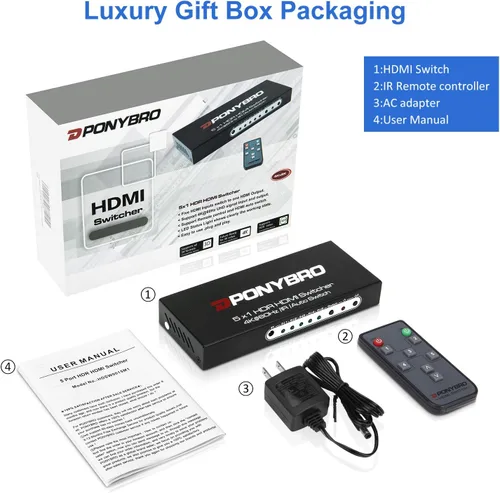 Miniatura 7 de Conmutador HDMI 2.0 de 5 puertos 4K @60Hz conmutación automática - 5 en 1 salida con control remoto, HDR10, 3D, Ultra HD para PS5/Xbox/PC/Fire TV