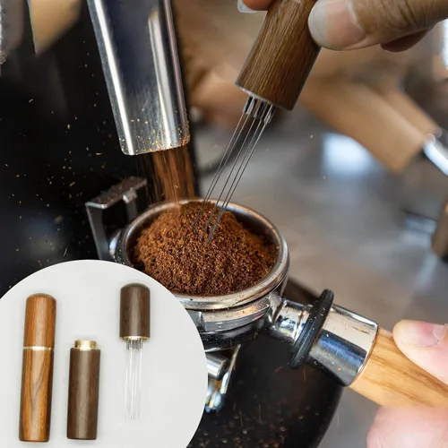 Miniatura 2 de 2 herramientas de distribución de espresso, herramienta agitadora de espresso con mango de madera natural y base, agitadores de café expreso de 5