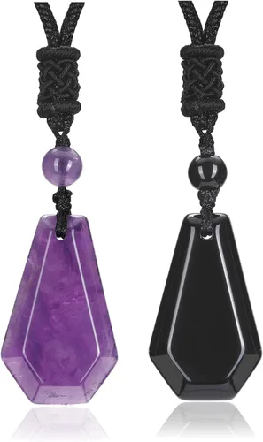 Jovivi 2 collares de obsidiana negra de amatista para hombres y mujeres, piedras preciosas naturales curativas collares con colgante de cuerda