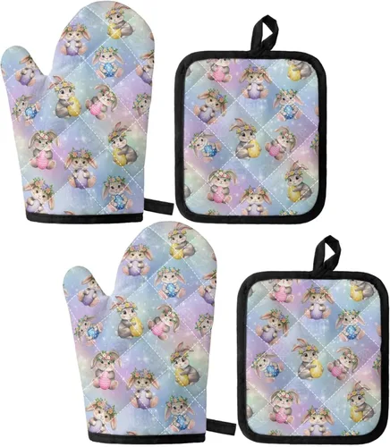 Miniatura 14 de UNICEU Juego de 4 manoplas de horno personalizadas y soportes para ollas, decoración de cocina, guantes protectores personalizados para hornear