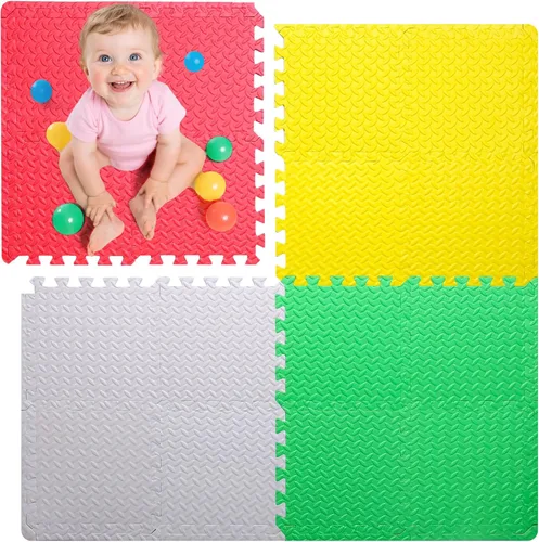 Miniatura 9 de Coolcandy Tapete de juego de espuma para bebé, 16 piezas con tiras de borde, azulejos de piso entrelazados de 4 colores, tapete de piso