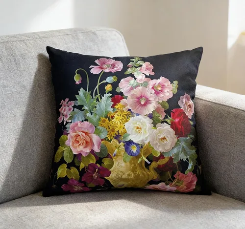 Miniatura 7 de Funda de cojín floral ligera de lujo, 18 x 18 pulgadas, pintura al óleo retro victoriana de doble cara, fondo negro, flor vibrante, funda de cojín