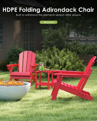 Miniatura 3 de GREENVINES Juego de 2 sillas plegables Adirondack Plástico HDPE Silla para hoguera Todo clima Portavasos Rojo para terraza, patio