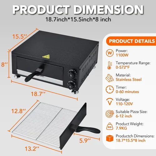 Miniatura 6 de Horno de pizza comercial de alta velocidad de 12 pulgadas 1100 W Acero inoxidable sellado con temporizador de 60 minutos para pizzería, camión