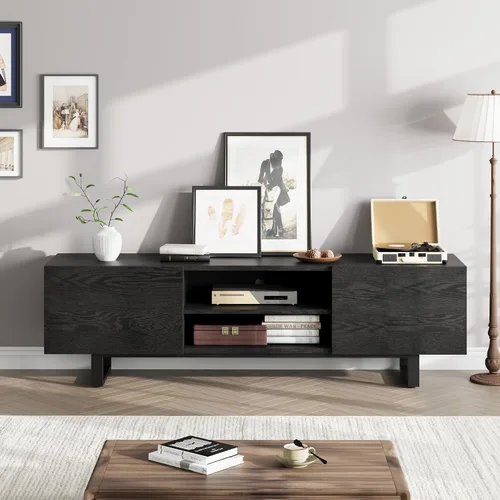 Moderno soporte de TV para TV de 65/75/80 pulgadas, centro de entretenimiento negro de 70 pulgadas con 2 cajones y estantes abiertos, gabinete de