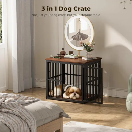 Miniatura 4 de Lyromix Mueble de jaula para perros de 27'' con 3 puertas, mesa auxiliar de jaula de madera resistente, jaula interior para cachorros para perros