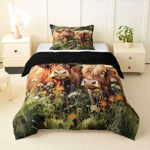 Miniatura 26 de Juego de ropa de cama de vaca de las tierras altas, edredón de ganado de las tierras altas, juego de edredón rosa floral de vaca occidental, juego