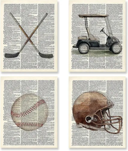 KSDUT Juego de 4 pósteres deportivos vintage para decoración de pared, diseño de béisbol Retor, fútbol, golf, decoración de pared, club deportivo,