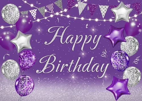 Miniatura 4 de INRUI Telón de fondo morado para fotografía de cumpleaños, globos plateados con purpurina para niñas y mujeres, pancarta de decoración de fiesta